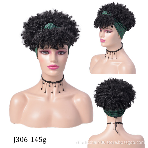Best Selling  Blonde Short Fluffy Kinky Curly Synthetic Turban Wigs With Bangs Afro Headband Wigs Synthetic Hair For Black Women